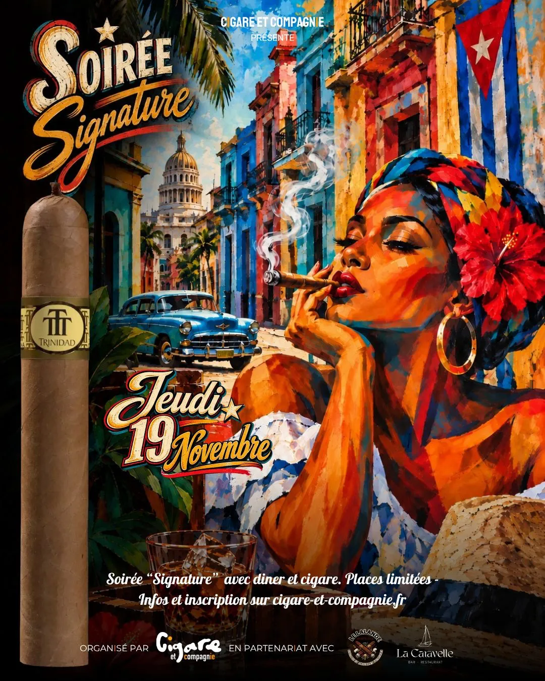 Affiche de la soirée Signature Trinidad Esmeralda du 19 novembre à La Caravelle, à Montauban.